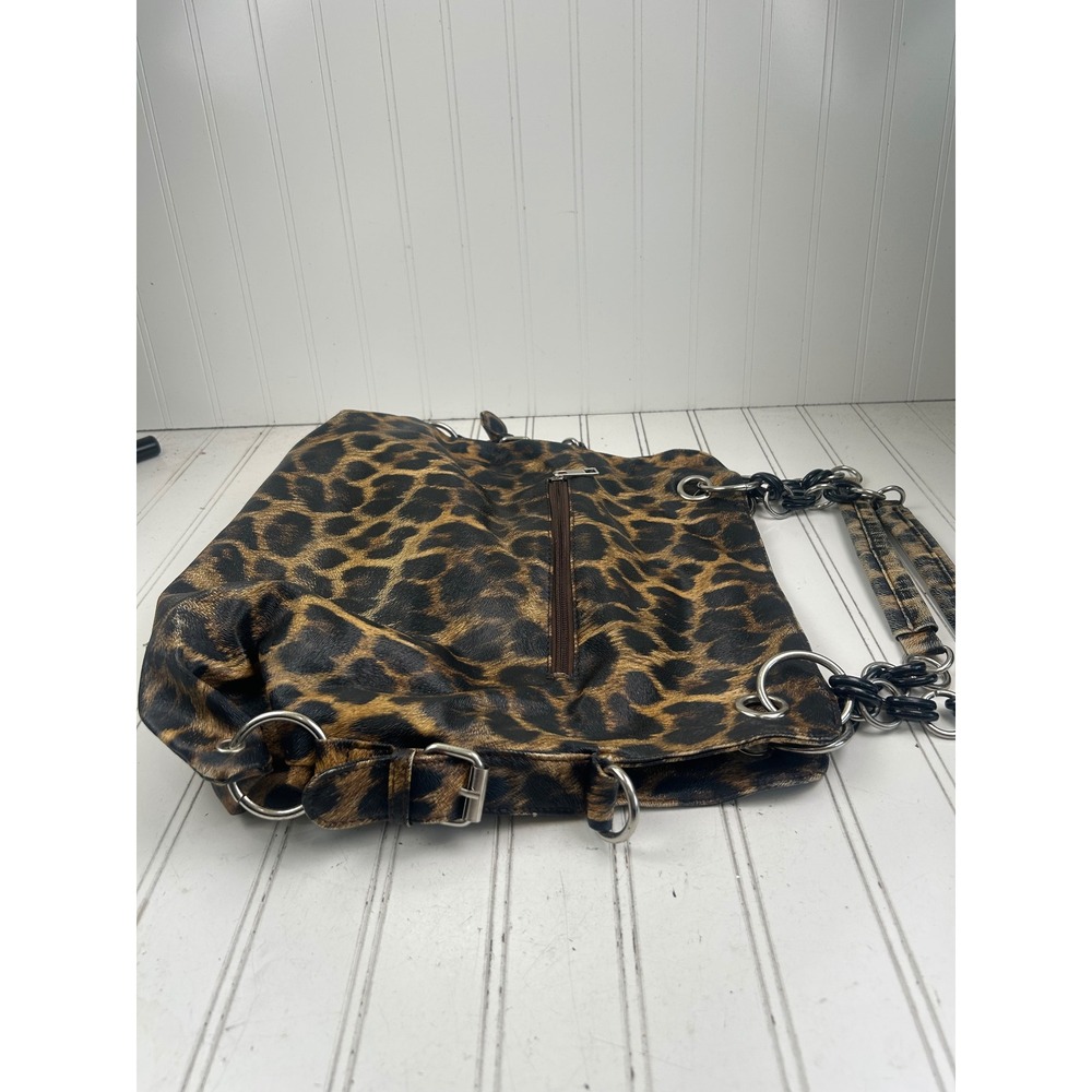Leopard Print Slouchy Punk Grunge Edgy Vintage Y2K Chain Strap Shoulder Bag - Picture 10 of 13